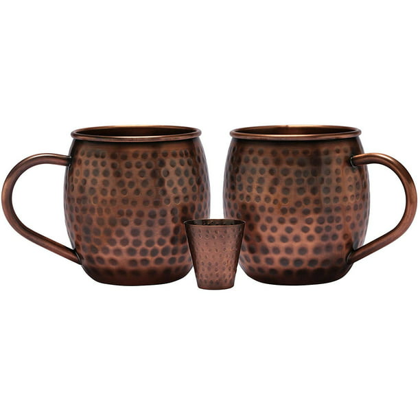 Melange 16 Oz Antique Finish Copper Classic Mug for Moscow Mules Set of 2 with One Shot Glass No Lining Includes Free Recipe Card 712166790090 Heavy Gauge 100% Pure Hammered Copper 